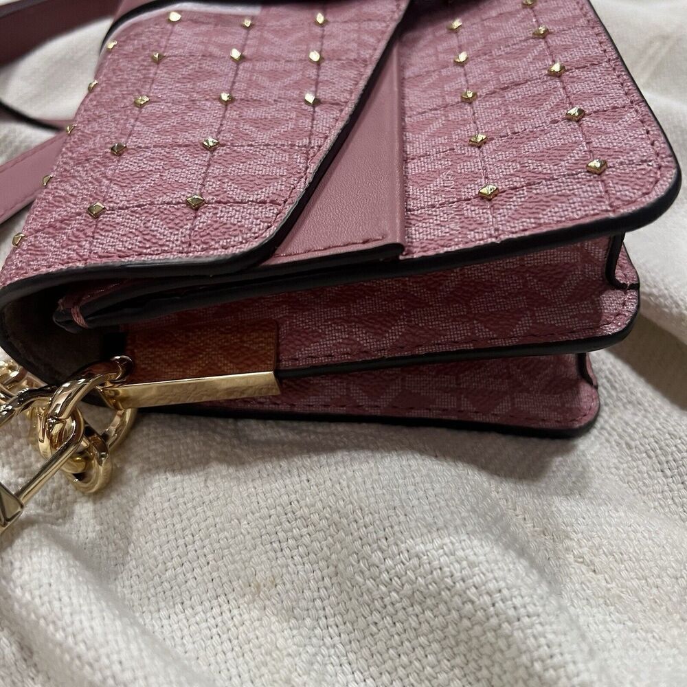 MICHAEL KORS Greenwich Quilted Faux Leather Studded Shoulder Crossbody Rose NWT - Picture 5 of 15